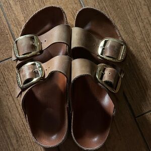 BIRKENSTOCKS BROWN LEATHER WITH GOLD BUCKLE